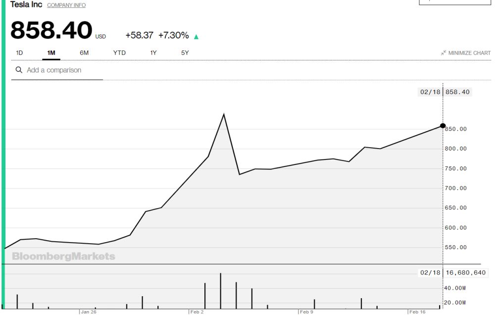 grafico azioni Tesla 1 mese